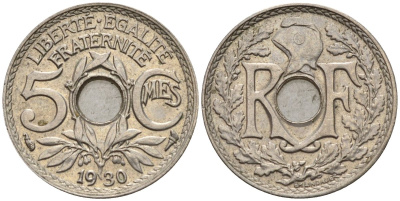 Франция 5 сантимов 1930 KM 875 медно-никель 4596-612