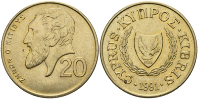 Кипр 20 центов 1991 KM 62.2 никель латунь 4140-821