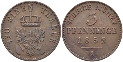 ПРУССИЯ 3 ПФЕННИГА 1852 А, ФРИДРИХ ВИЛЬГЕЛЬМ (1840-1861) KM 453 медь 117-211