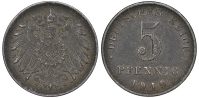 ГЕРМАНИЯ 5 ПФЕННИГОВ 1919 A KM 19, J. 297 железо 45-1158