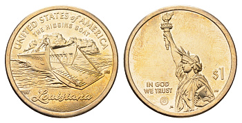 США 1 доллар 2023 P, Американские инновации - Луизиана. Десантный катер KM 781 медь с марганцево-латунным покрытием UNC 4691-926