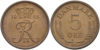 ДАНИЯ 5 ЭРЕ 1965 ФРИДЕРИК IX KM 848.1 бронза 4566-515