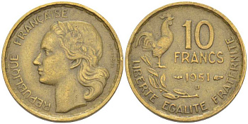 Франция 10 франков 1951 B, петух KM 915.2, Le Franc 363.5 алюминиевая бронза 175-633