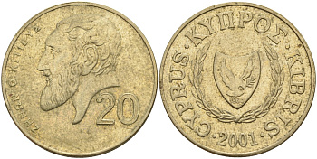 Кипр 20 центов 2001 KM 62.2 никель латунь 4140-911