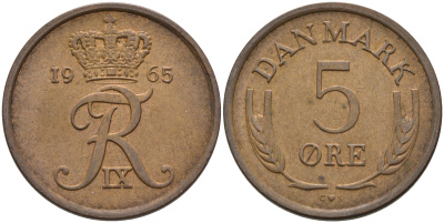 ДАНИЯ 5 ЭРЕ 1965 ФРИДЕРИК IX KM 848.1 бронза 4566-515