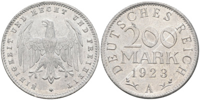 Германия 200 марок 1923 A KM 35, J. 304, Weege 22 алюминий UNC 4586-237