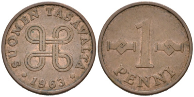 Финляндия 1 пенни 1963 первый год KM 44 медь 4564-854