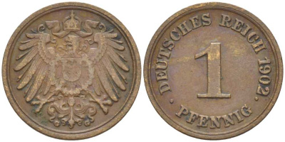 Германия 1 пфенниг 1902 G KM 10, J. 10, Weege 2 медь 211-262