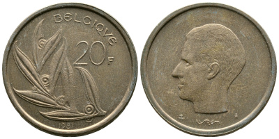 Бельгия 20 франков 1981 Belgique, Бодуэн I (1951-1993) KM 159 никель бронза 89-457