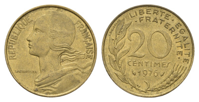 Франция 20 сантимов 1976 KM 930 алюминиевая бронза 4628-344