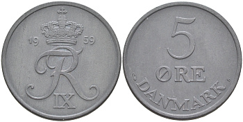 ДАНИЯ 5 ЭРЕ 1959 C; S, ФРЕДЕРИК IX (1947-1972) KM 843.2 цинк UNC 106-212