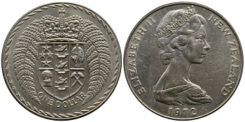 Новая Зеландия 1 доллар 1972 герб Новой Зеландии, Елизавета II (1952-2022) KM 38.2 медно-никель UNC 4044-135