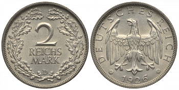 ГЕРМАНИЯ 2 РЕЙХСМАРКИ 1926 D J. 320, KM 45 серебро aUNC 603-242