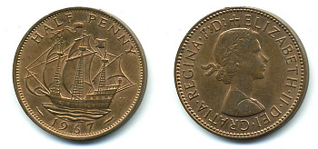Великобритания 1/2 пенни 1967 Елизавета II (1952-2022) КМ 896, Spink 4158 бронза 4110-513