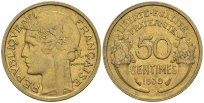 ФРАНЦИЯ 50 САНТИМОВ 1939 ТИП MORLON KM 894.1, LE FRANC 192.15 алюминиевая бронза 44-838