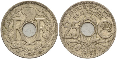 ФРАНЦИЯ 25 САНТИМОВ 1927 ТИП ЛИНДАЙЁ KM 866а, LE FRANC 138.13 медно-никель 4544-346
