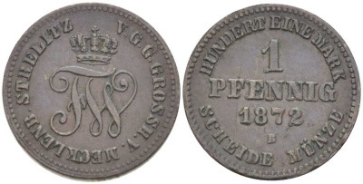 Мекленбург-Стрелиц 1 пфенниг 1872 B, Фридрих Франц II (1842-1883) Jaeger 121, AKS 76, KM 101 (С46) медь 206-315