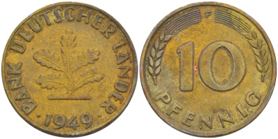 ФРГ 10 ПФЕННИГОВ 1949 F KM 103, J.378 сталь плакированная латунью 113-1042