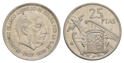 Испания 25 песет 1957 (69) Франсиско Франко (1939-1975) KM 787 медно-никель 4616-313
