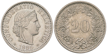 Швейцария 20 раппенов 1985 KM 29a медно-никель aUNC 220-1249