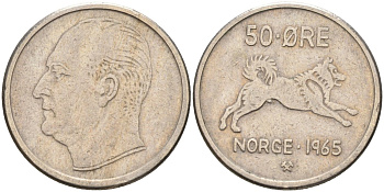 Норвегия 50 эре 1965 Улаф V (1957-1991), собака KM 408 медно-никель 4582-713