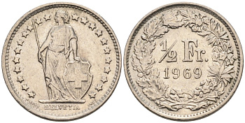 Швейцария 1/2 франка 1969 KM 23а медно-никель 4564-969