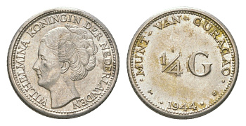 Нидерландское Кюрасао 1/4 гульдена 1944 Вильгельмина (1890-1948) KM 44 серебро UNC 4623-716