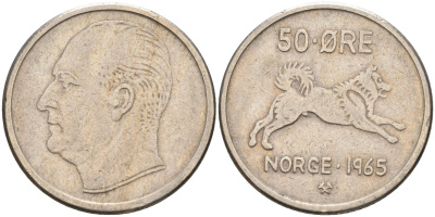 Норвегия 50 эре 1965 Улаф V (1957-1991), собака KM 408 медно-никель 4582-713