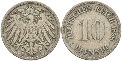 ГЕРМАНИЯ 10 ПФЕННИГОВ 1898 D KM 12, J. 13 медно-никель 4401-1034
