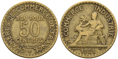 Франция 50 сантимов 1921 KM 884 алюминиевая бронза 4596-521