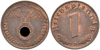 Германия 1 рейхспфенниг 1937 D, KM 89 бронза 96-1168