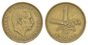 Дания 1 крона 1947 N, Кристиан X (1912-1947) KM 835 алюминиевая бронза 4657-352