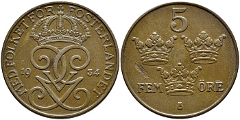 Швеция 5 эре 1934 Густав V (1907-1950) KM 779.2 бронза 4394-926