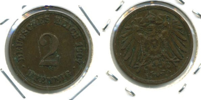 ГЕРМАНИЯ 2 ПФЕННИГА 1907 D KM 16, J. 11 медь 701-513