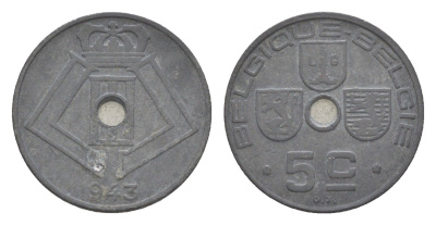 Бельгия 5 сантимов 1943 Belgique - Belgie, Леопольд III (1934-1947), германская оккупация, Вторая мировая война KM 123 цинк 4640-1141