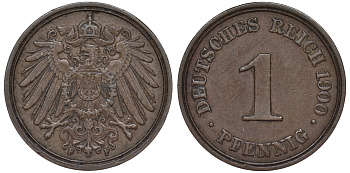 ГЕРМАНИЯ 1 ПФЕННИГ 1900 F KM 10, J. 10 медь 45-465