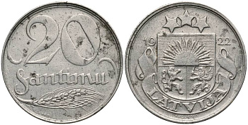 Латвия 20 сантимов 1922 первая Республика (1918-1939) KM 5 никель 27-1215