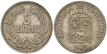 Венесуэла 5 сентимо 1965 KM 38 медно-никель 4541-521