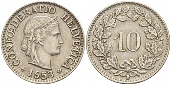 ШВЕЙЦАРИЯ 10 РАППЕНОВ 1953 KM 27 медно-никель 51-146