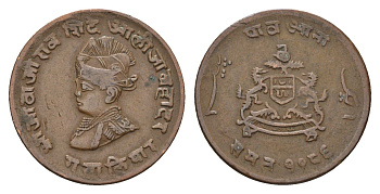 Индия, Гвалиор 1/4 анны 1929 год-тип KM 176 медь 27-1115