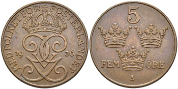Швеция 5 эре 1936 длинная 6, Густав V (1907-1950) KM 779.2 бронза 115-841