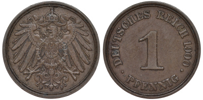 ГЕРМАНИЯ 1 ПФЕННИГ 1900 F KM 10, J. 10 медь 45-465