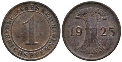 ГЕРМАНИЯ 1 РЕЙХСПФЕННИГ 1925 A KM 37, J. 313 бронза 39-913