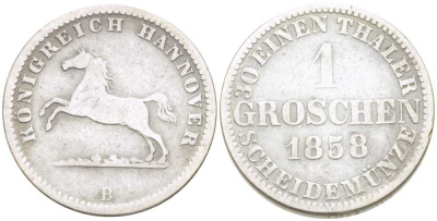 Брауншвейг-Каленберг-Ганновер 1 грош 1858 В, Георг V (1851-1866) KM 236, Jaeger 93, AKS 149 серебро 206-331