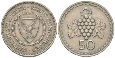 Кипр 50 милей 1971 один из самый редких годов выпуска - 500.000 KM 41 медно-никель 4579-1251