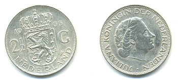 Нидерланды 2 1/2 гульдена 1966 Юлиана (1948-1980) KM 185 серебро 83-634