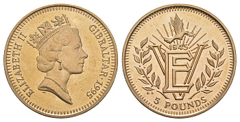 Гибралтар 5 фунтов 1995 50 лет со дня победы в Европе KM 332 вирениум BU 413-2934