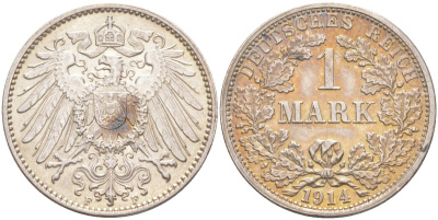 Германия 1 марка 1914 F KM , Weege 18, J.17 серебро 4182-1046