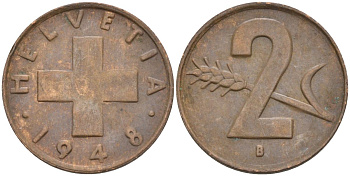 Швейцария 2 раппена 1948 В KM 47 бронза 4591-236