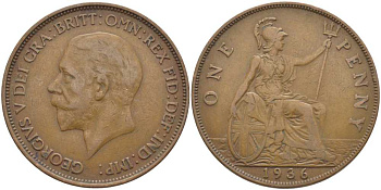 Великобритания 1 пенни 1936 Георг V (1910-1936) KM 838, Spink 4055 бронза 115-316
